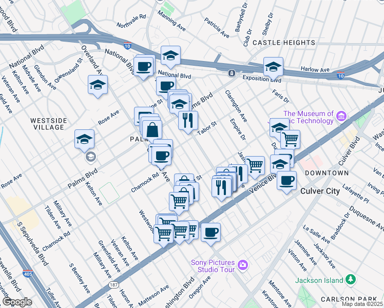 map of restaurants, bars, coffee shops, grocery stores, and more near 3662 Mentone Avenue in Los Angeles