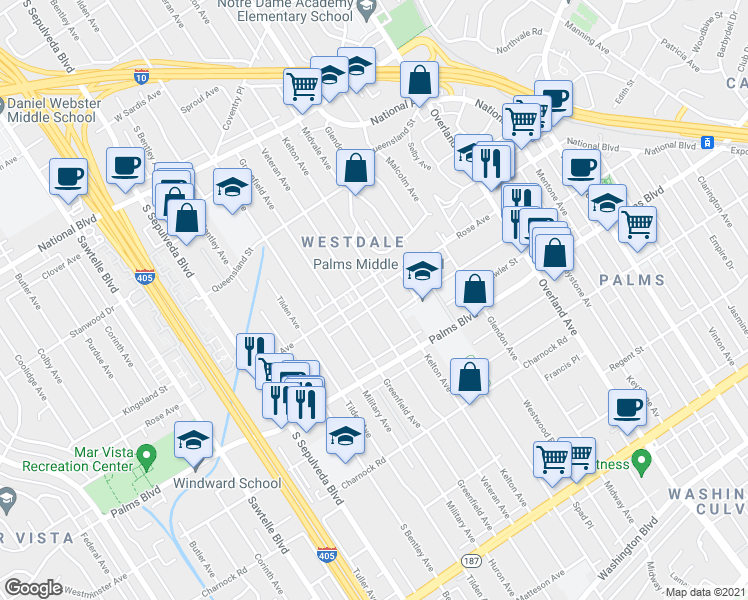 map of restaurants, bars, coffee shops, grocery stores, and more near 3421 Veteran Avenue in Los Angeles