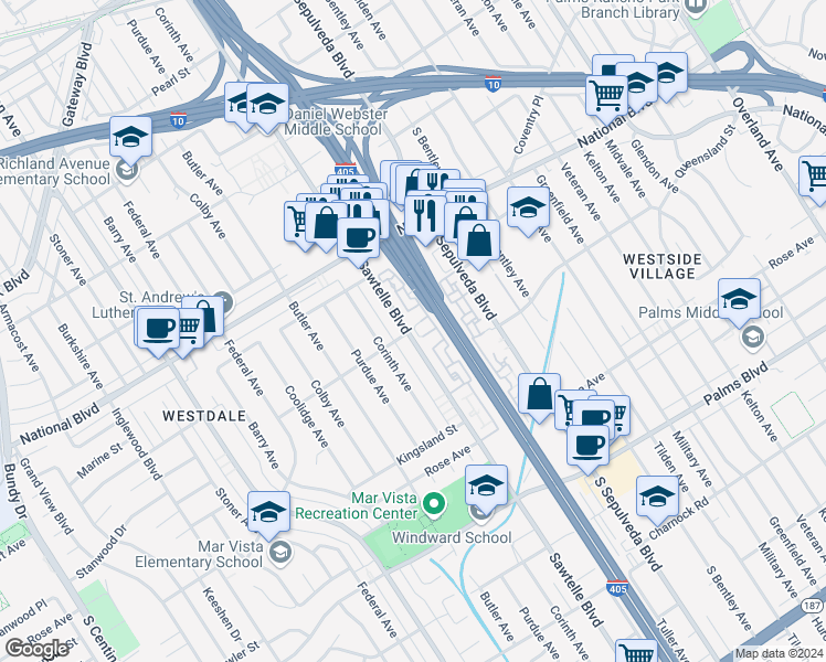 map of restaurants, bars, coffee shops, grocery stores, and more near in Los Angeles