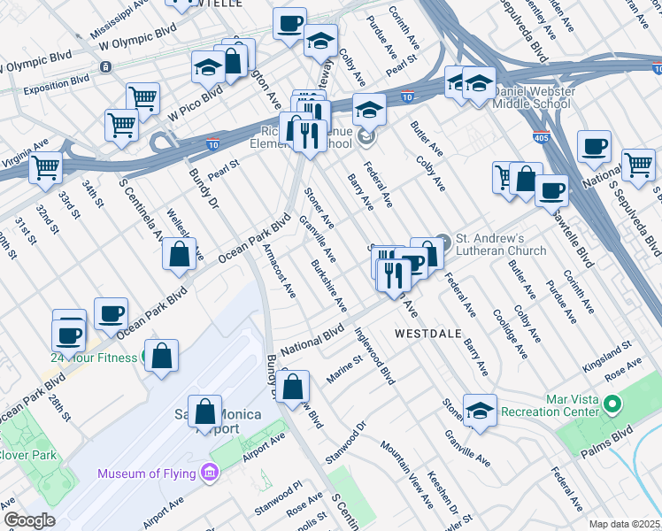 map of restaurants, bars, coffee shops, grocery stores, and more near 2807 Granville Avenue in Los Angeles