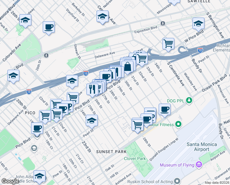 map of restaurants, bars, coffee shops, grocery stores, and more near 2308 28th Street in Santa Monica