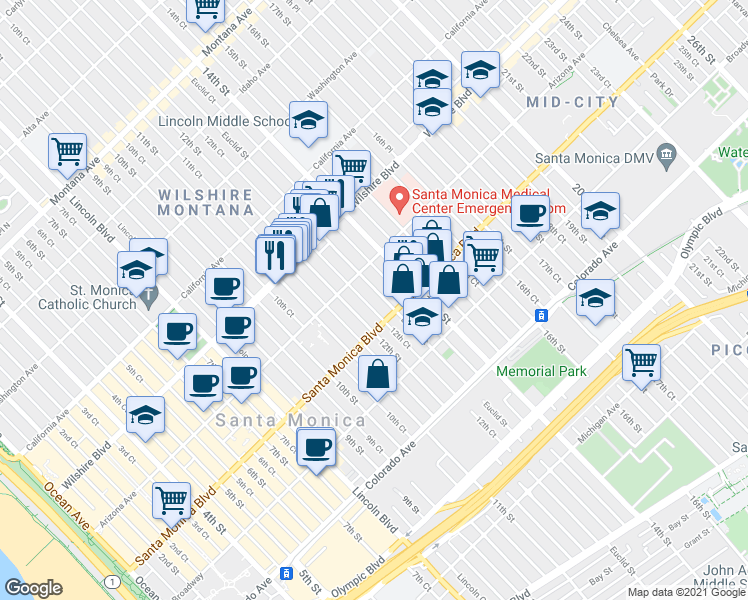 map of restaurants, bars, coffee shops, grocery stores, and more near 1337 12th Street in Santa Monica