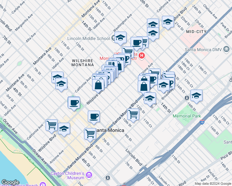 map of restaurants, bars, coffee shops, grocery stores, and more near 1315 11th Street in Santa Monica