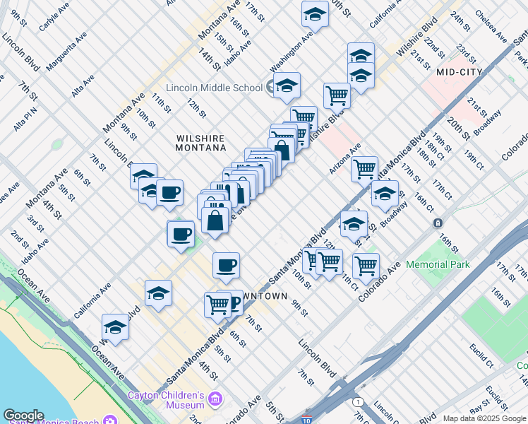 map of restaurants, bars, coffee shops, grocery stores, and more near 1247 10th Court in Santa Monica