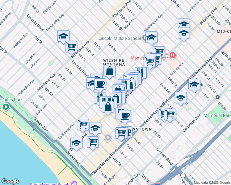 map of restaurants, bars, coffee shops, grocery stores, and more near 829 Wilshire Boulevard in Santa Monica