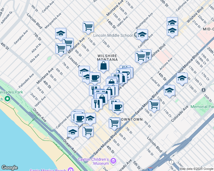map of restaurants, bars, coffee shops, grocery stores, and more near 1123 Lincoln Boulevard in Santa Monica