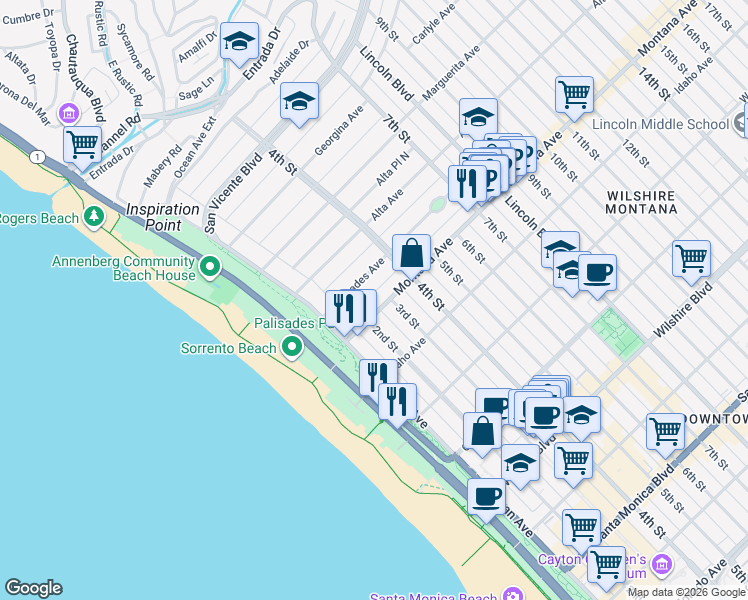 map of restaurants, bars, coffee shops, grocery stores, and more near 801 2nd Street in Santa Monica