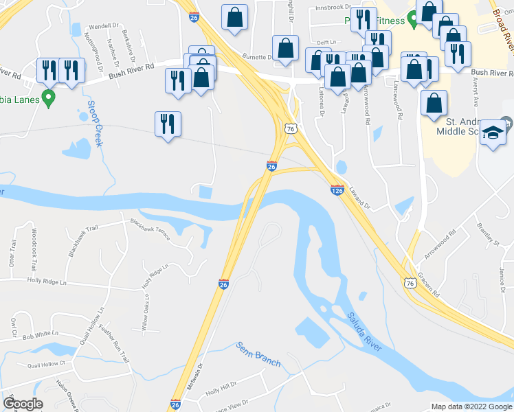 map of restaurants, bars, coffee shops, grocery stores, and more near 1746 McSwain Drive in West Columbia