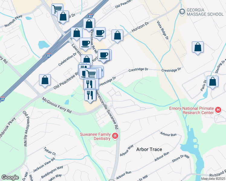 map of restaurants, bars, coffee shops, grocery stores, and more near 300 Knelston Oak Drive Northeast in Suwanee