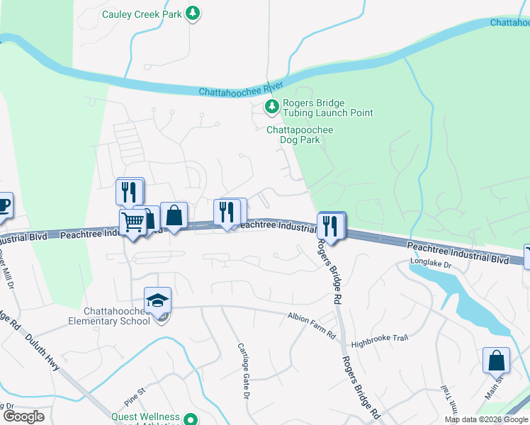 map of restaurants, bars, coffee shops, grocery stores, and more near 4122 Divot Way in Duluth