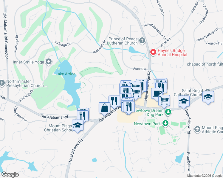 map of restaurants, bars, coffee shops, grocery stores, and more near 215 Ivey Oaks Way in Roswell