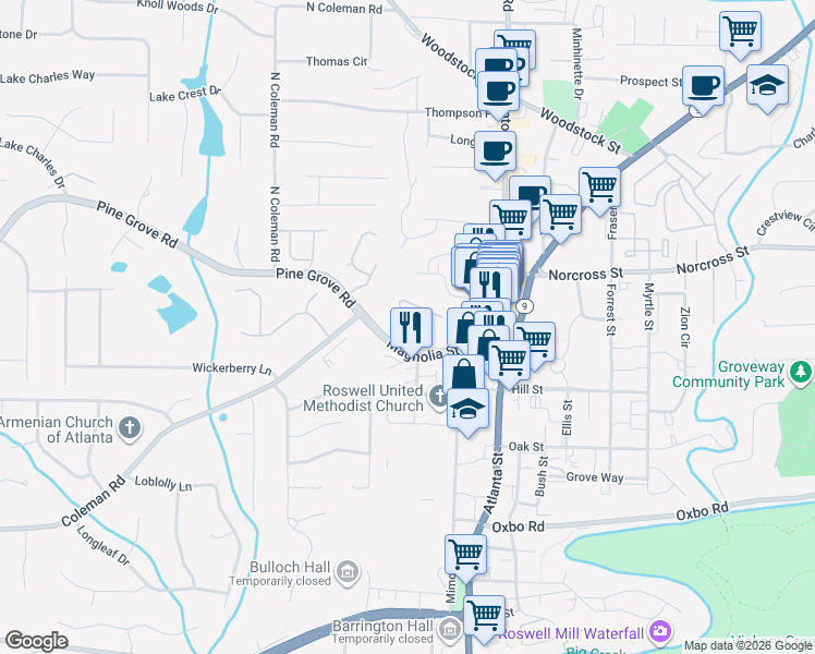 map of restaurants, bars, coffee shops, grocery stores, and more near 7740 Georgetown Chase in Roswell