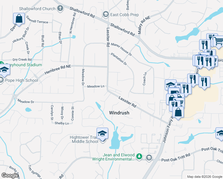 map of restaurants, bars, coffee shops, grocery stores, and more near 2842 Baccurate Drive Northeast in Marietta