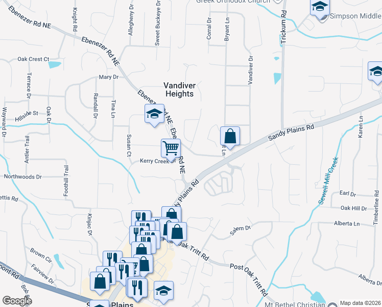 map of restaurants, bars, coffee shops, grocery stores, and more near 2932 Ebenezer Road Northeast in Marietta