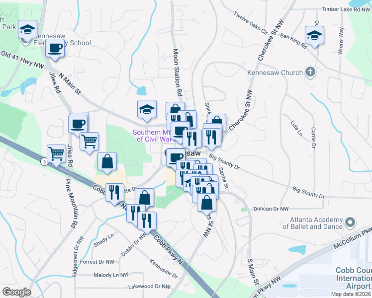 map of restaurants, bars, coffee shops, grocery stores, and more near in Kennesaw