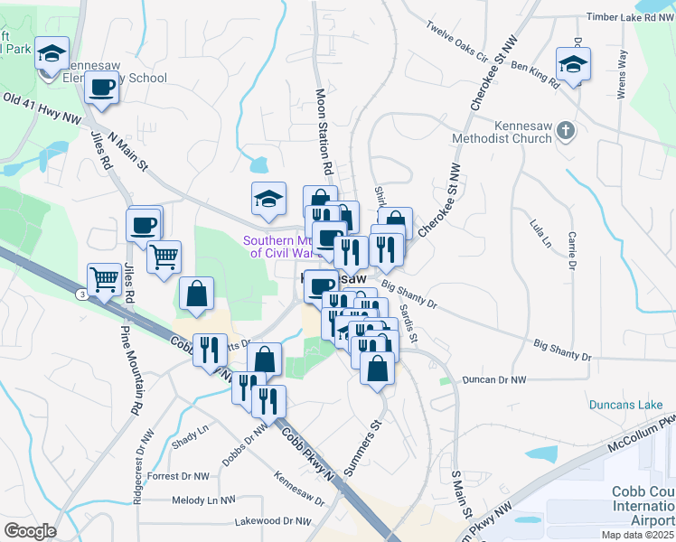 map of restaurants, bars, coffee shops, grocery stores, and more near in Kennesaw