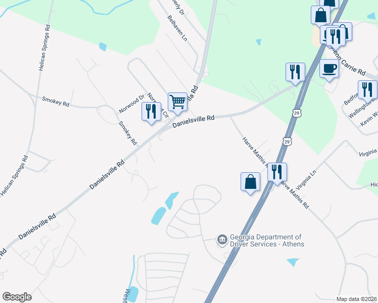 map of restaurants, bars, coffee shops, grocery stores, and more near 4000 Danielsville Road in Athens