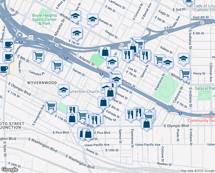 map of restaurants, bars, coffee shops, grocery stores, and more near 3339 Garnet Street in Los Angeles