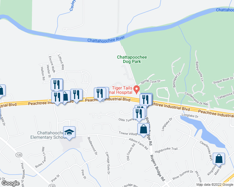 map of restaurants, bars, coffee shops, grocery stores, and more near 4122 Divot Way in Duluth