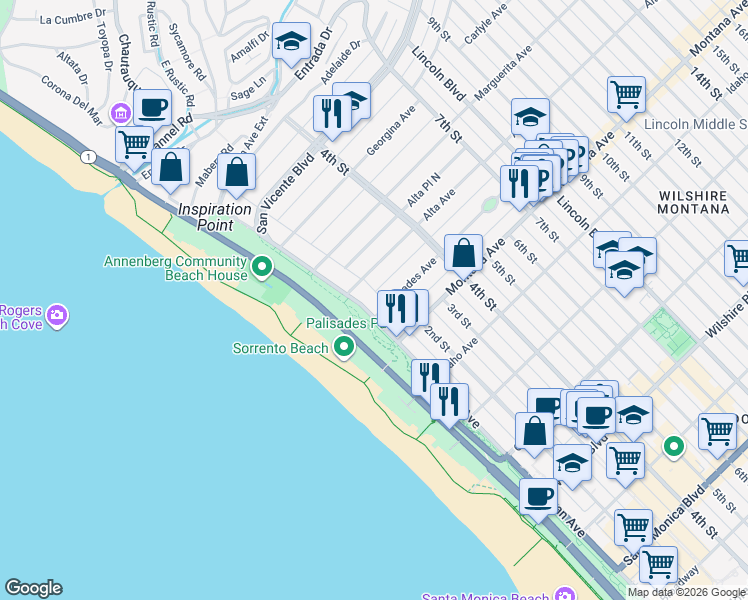 map of restaurants, bars, coffee shops, grocery stores, and more near 633 Ocean Avenue in Santa Monica