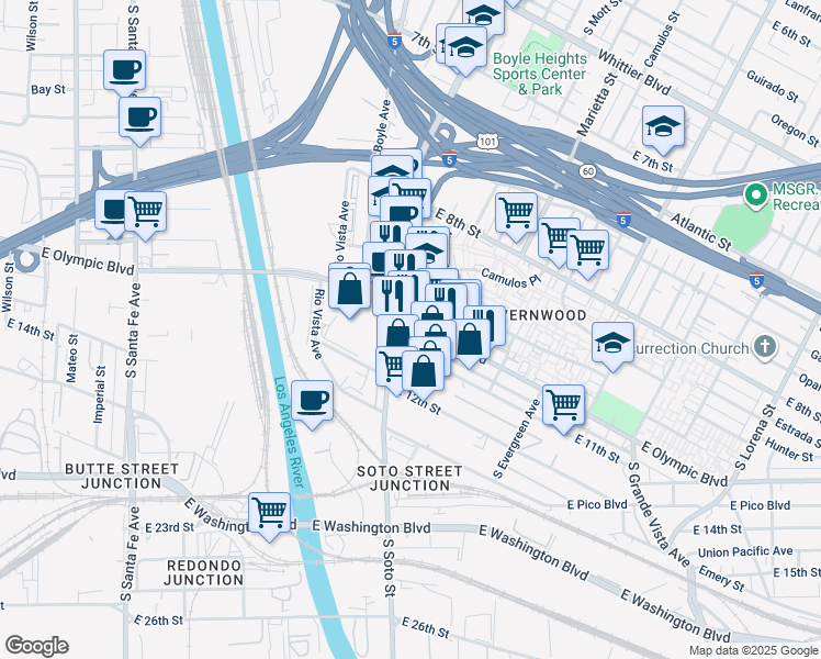map of restaurants, bars, coffee shops, grocery stores, and more near 2715 East 11th Street in Los Angeles