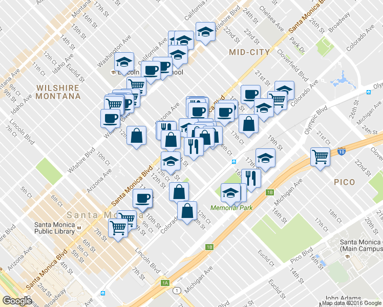 map of restaurants, bars, coffee shops, grocery stores, and more near 1444 15th Street in Santa Monica