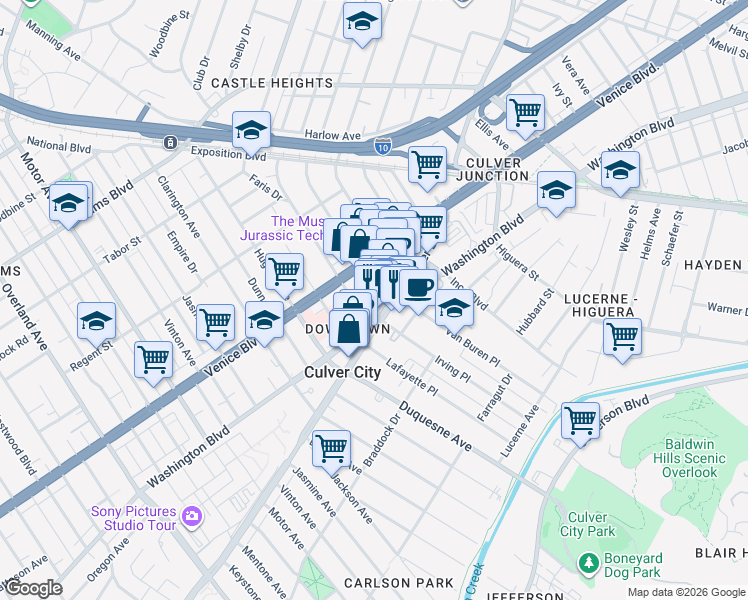 map of restaurants, bars, coffee shops, grocery stores, and more near 9552 Culver Boulevard in Culver City
