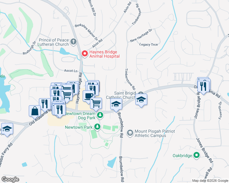 map of restaurants, bars, coffee shops, grocery stores, and more near 9975 Feather Sound Court in Alpharetta