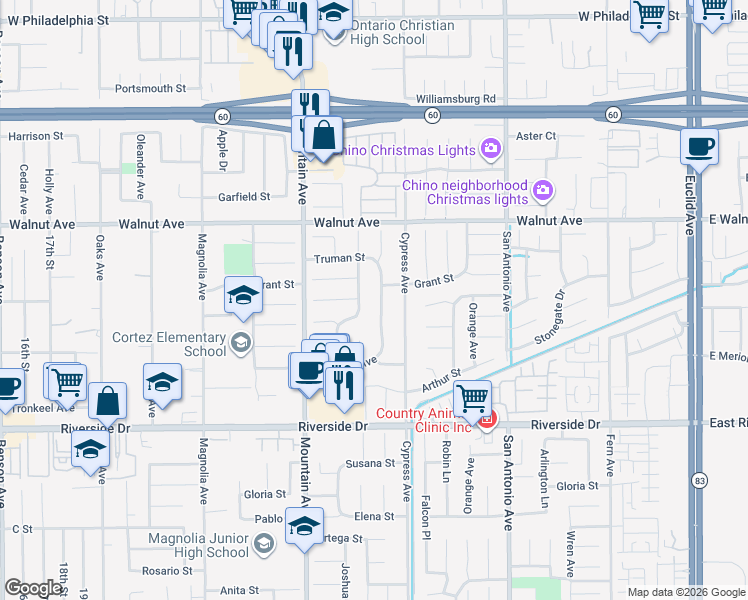 map of restaurants, bars, coffee shops, grocery stores, and more near 12638 Verdugo Avenue in Chino