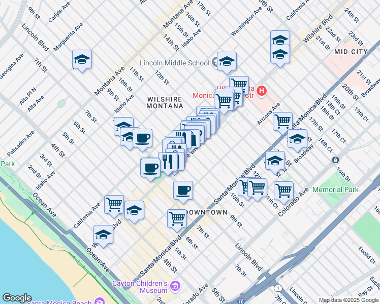 map of restaurants, bars, coffee shops, grocery stores, and more near Wilshire Boulevard & 10th Street in Santa Monica