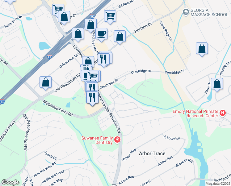 map of restaurants, bars, coffee shops, grocery stores, and more near 300 Knelston Oak Drive Northeast in Suwanee