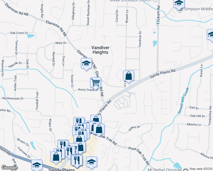 map of restaurants, bars, coffee shops, grocery stores, and more near 2932 Ebenezer Road Northeast in Marietta