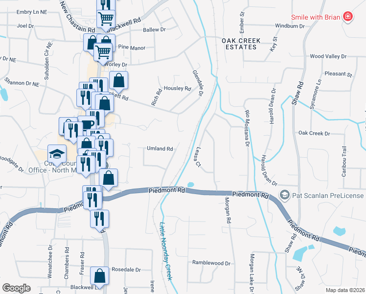 map of restaurants, bars, coffee shops, grocery stores, and more near 2954 Piedmont Drive in Marietta