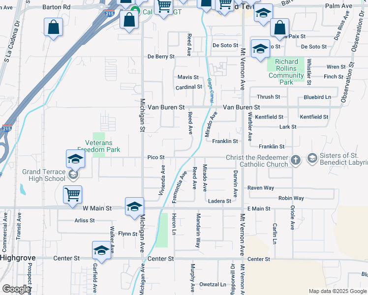 map of restaurants, bars, coffee shops, grocery stores, and more near 22264 Dove Street in Grand Terrace