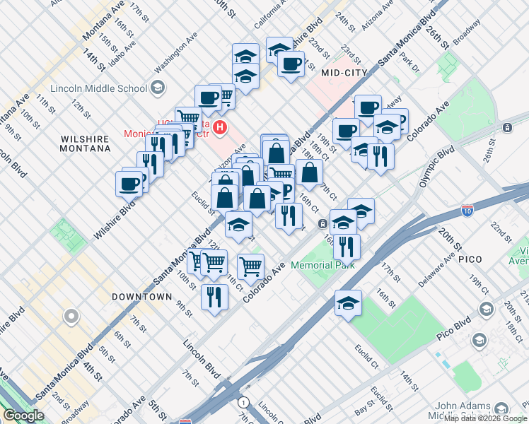 map of restaurants, bars, coffee shops, grocery stores, and more near 1444 15th Street in Santa Monica