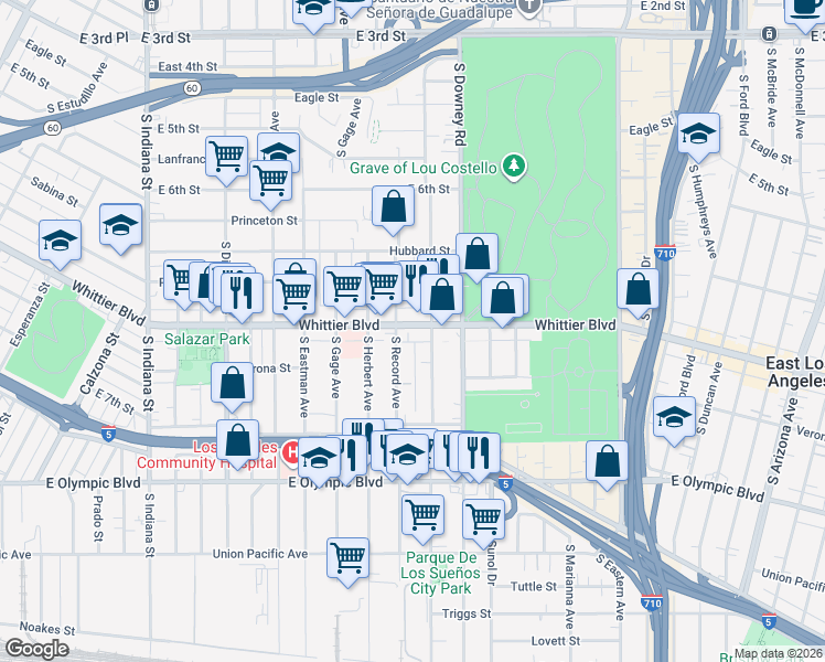 map of restaurants, bars, coffee shops, grocery stores, and more near 4114 Whittier Boulevard in Los Angeles