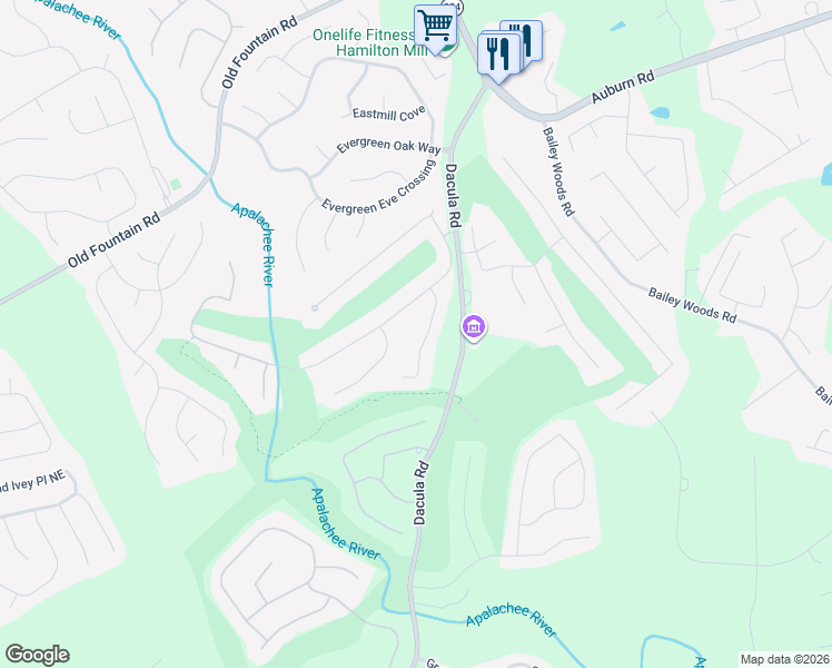 map of restaurants, bars, coffee shops, grocery stores, and more near 708 Timber Ives Dr in Dacula