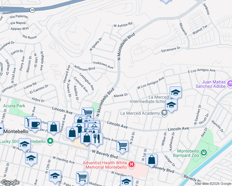 map of restaurants, bars, coffee shops, grocery stores, and more near 600 Marek Drive in Montebello