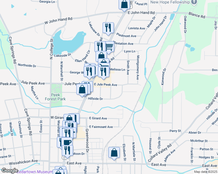 map of restaurants, bars, coffee shops, grocery stores, and more near 214 Jule Peek Avenue in Cedartown