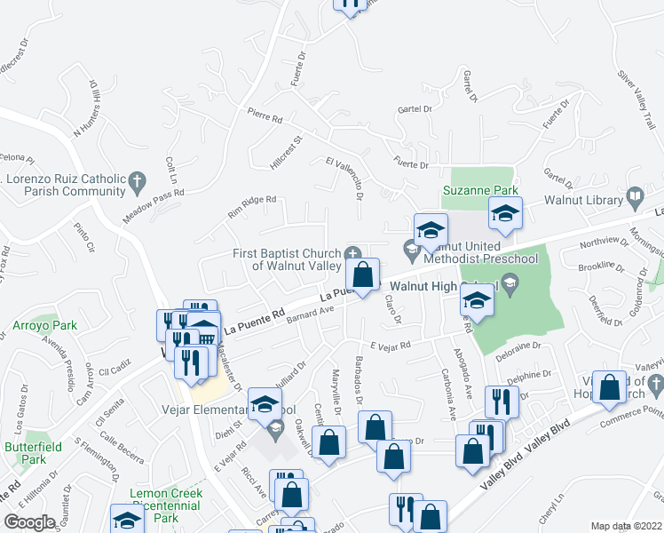 map of restaurants, bars, coffee shops, grocery stores, and more near 620 Lone Eagle Road in Walnut