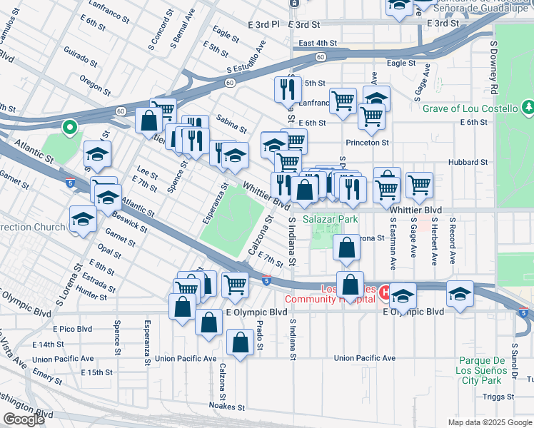 map of restaurants, bars, coffee shops, grocery stores, and more near 3666 Whittier Boulevard in Los Angeles