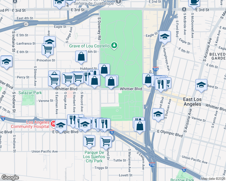 map of restaurants, bars, coffee shops, grocery stores, and more near 4252 Whittier Boulevard in Los Angeles