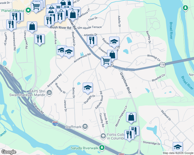 map of restaurants, bars, coffee shops, grocery stores, and more near 200 Saluda River Road in Columbia