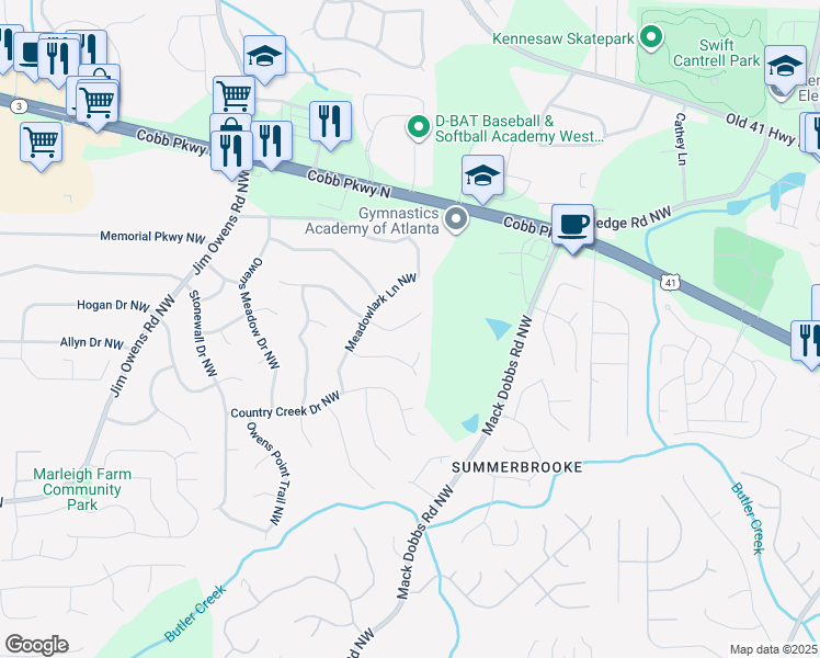 map of restaurants, bars, coffee shops, grocery stores, and more near 3359 Tia Trace Northwest in Kennesaw