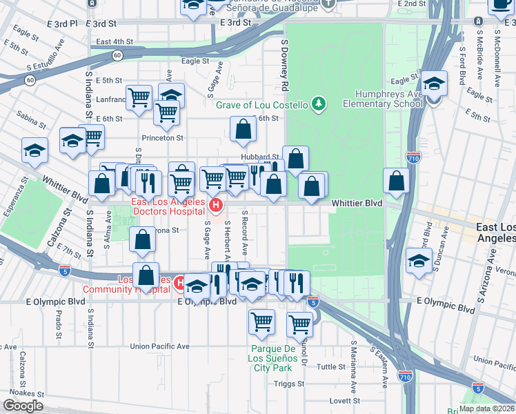 map of restaurants, bars, coffee shops, grocery stores, and more near 4122 Whittier Boulevard in Los Angeles