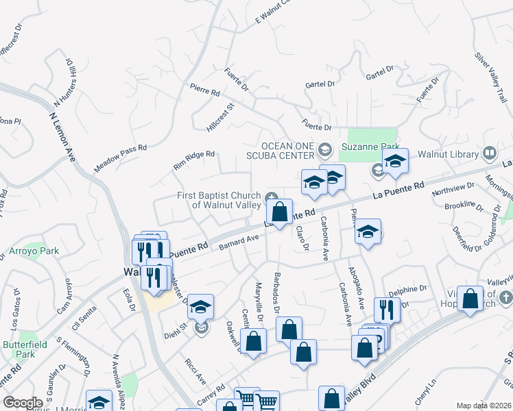 map of restaurants, bars, coffee shops, grocery stores, and more near 646 Lone Eagle Road in Walnut