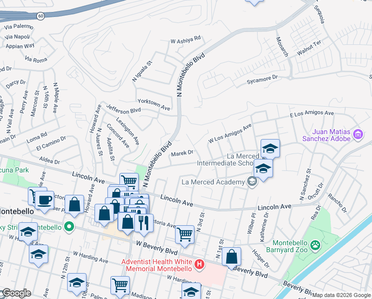 map of restaurants, bars, coffee shops, grocery stores, and more near 500 Marek Drive in Montebello