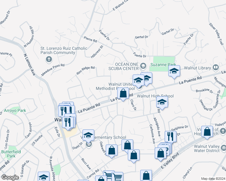 map of restaurants, bars, coffee shops, grocery stores, and more near 620 Lone Eagle Road in Walnut