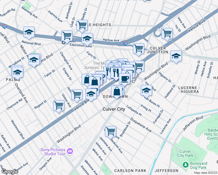 map of restaurants, bars, coffee shops, grocery stores, and more near 9733 Venice Boulevard in Los Angeles