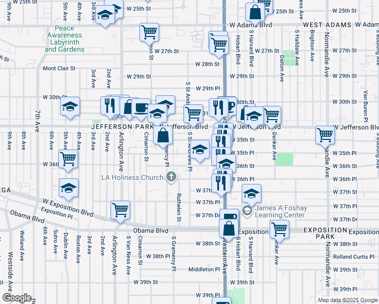 map of restaurants, bars, coffee shops, grocery stores, and more near 1814 West 35th Street in Los Angeles